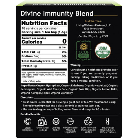 Buddha Teas Organic Herbal Tea Bags Divine Immunity Blend 18pk - Dr Earth - Drinks, Immune Support