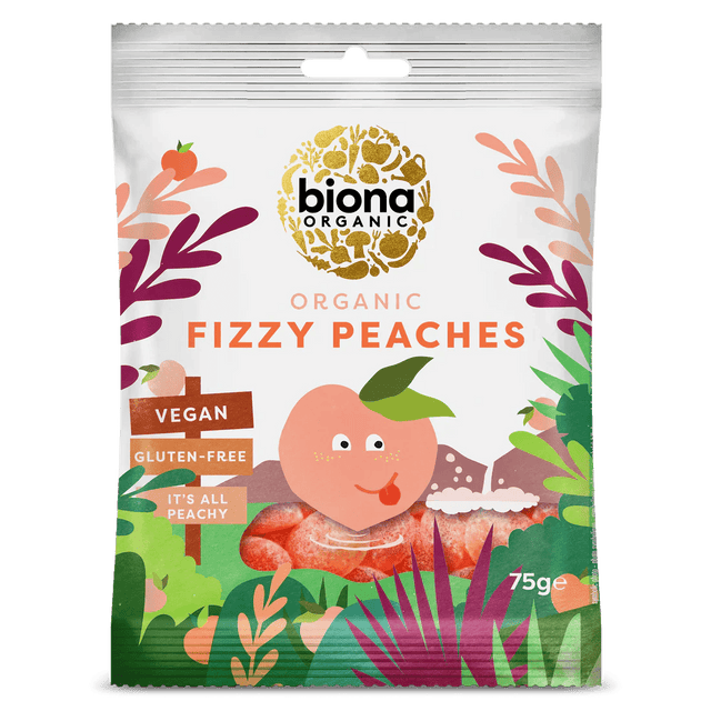 BIONA ORGANIC FIZZY PEACHES 75G - Dr Earth - Confectionary, Snacks, Black Friday Sales