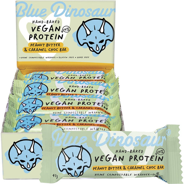 Blue Dinosaur Hand-Baked Vegan Protein Bar PB & Caramel Choc 45g - Dr Earth - Snack Bars, Nutrition
