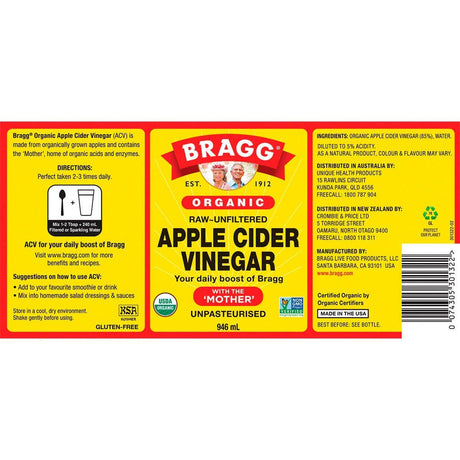 Bragg Apple Cider Vinegar Unfiltered with The Mother 946ml - Dr Earth - Vinegar