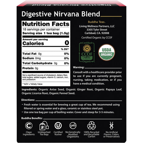 Buddha Teas Organic Herbal Tea Bags Digestive Nirvana Blend 18pk - Dr Earth - Drinks, Digestion & Gut Health
