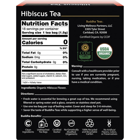 Buddha Teas Organic Herbal Tea Bags Hibiscus Tea 18pk - Dr Earth - Drinks
