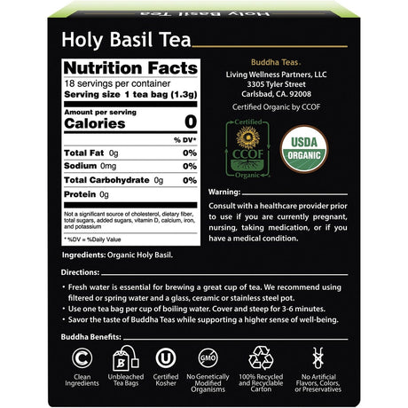 Buddha Teas Organic Herbal Tea Bags Holy Basil Tea (Tulsi) 18pk - Dr Earth - Drinks