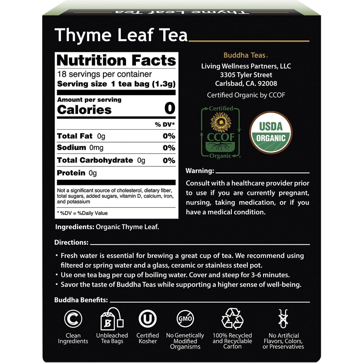 Buddha Teas Organic Herbal Tea Bags Thyme Leaf Tea 18pk - Dr Earth - Drinks