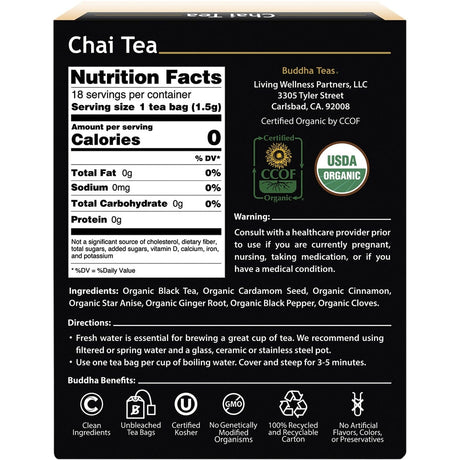 Buddha Teas Organic Tea Bags Chai Tea 18pk - Dr Earth - Drinks