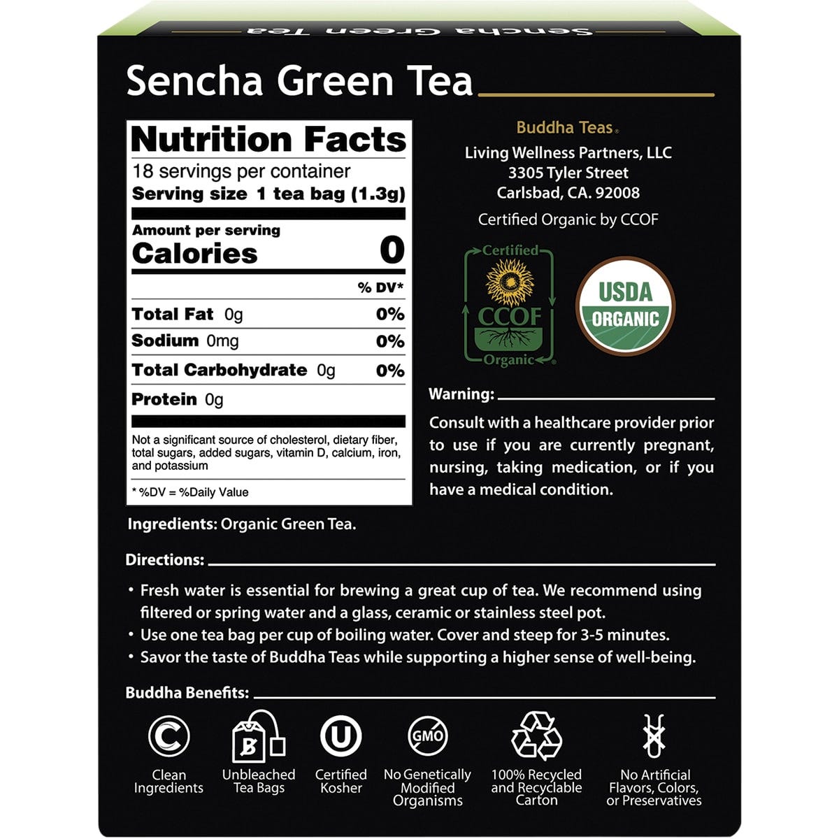 Buddha Teas Organic Tea Bags Sencha Green Tea 18pk - Dr Earth - Drinks