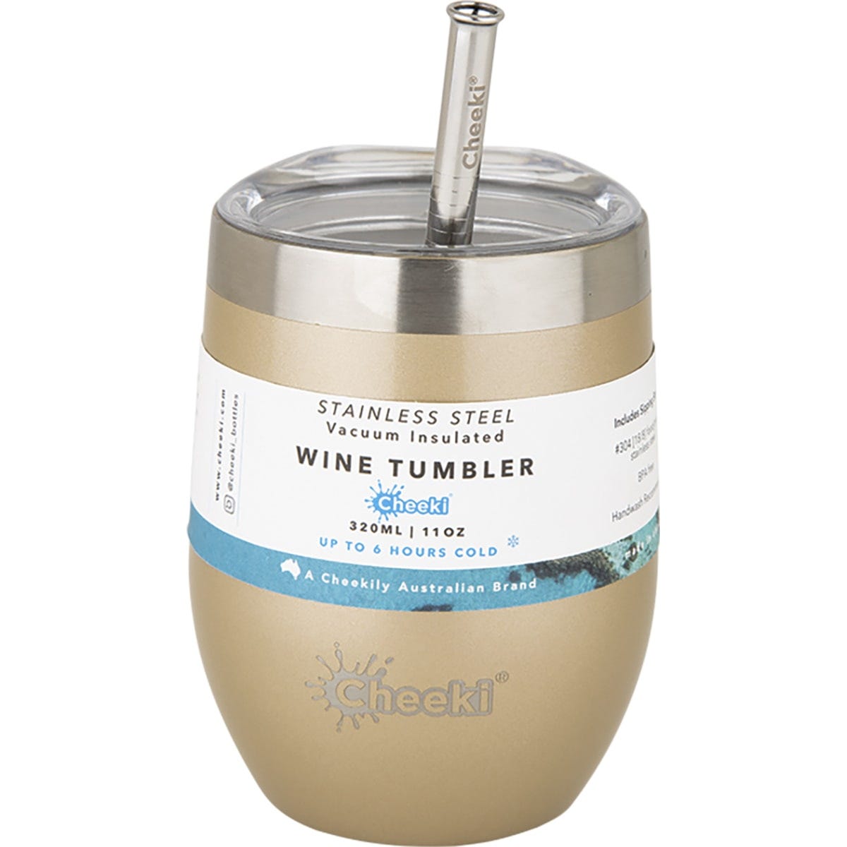 Cheeki Insulated Wine Tumbler Soft Gold with S/Steel Straw 320ml - Dr Earth - Cups & Tumblers