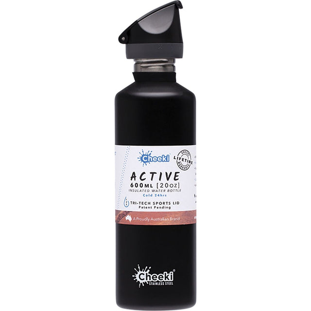 Cheeki Stainless Steel Bottle Insulated Black Sports Lid 600ml - Dr Earth - Water Bottles