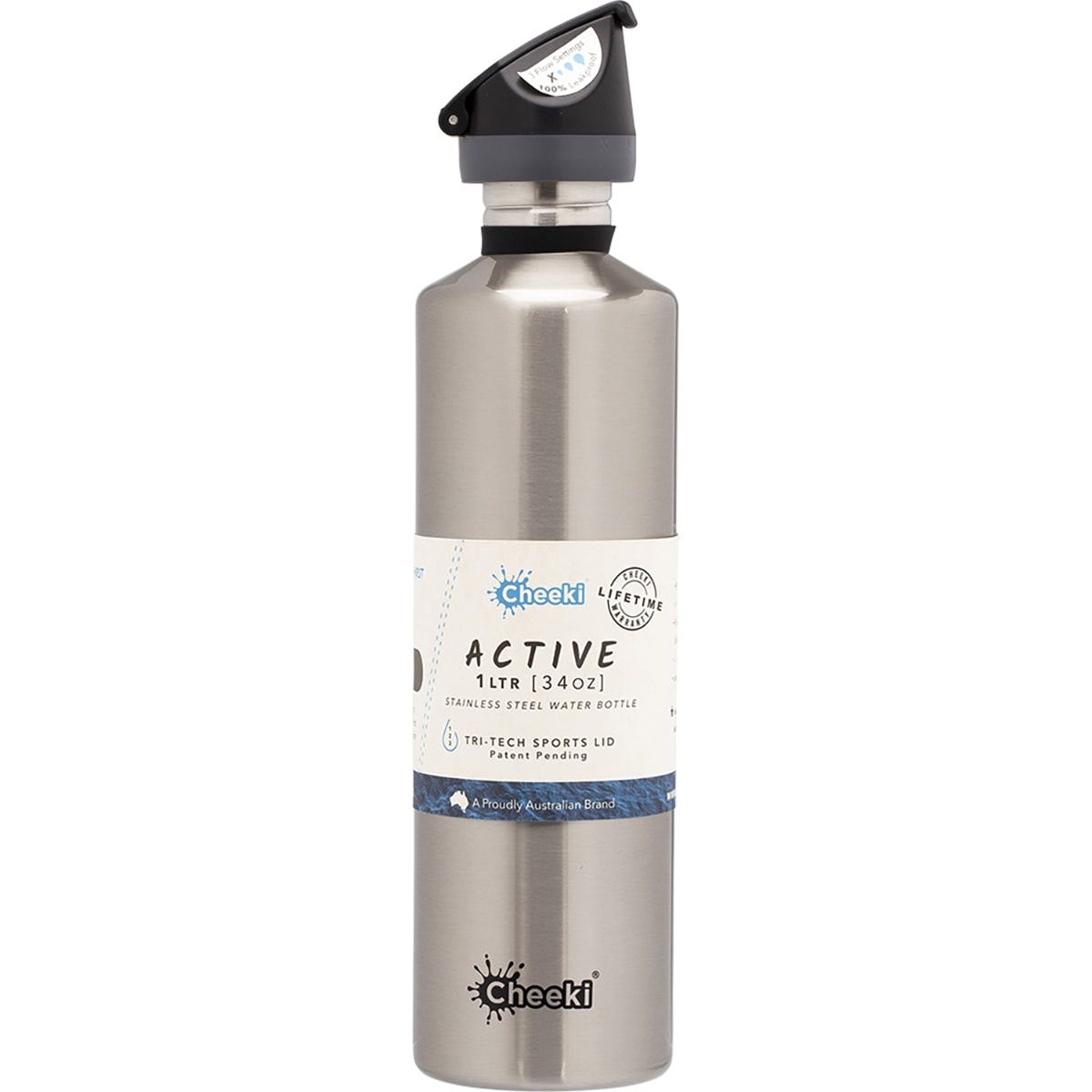 Cheeki Stainless Steel Bottle Silver Sports Lid 1L - Dr Earth - Water Bottles