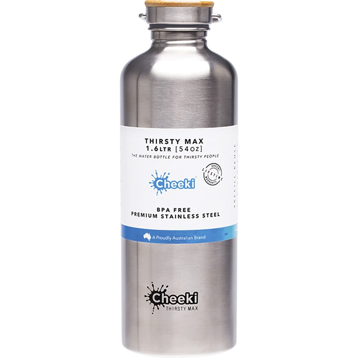 Cheeki Stainless Steel Bottle Silver 'Thirsty Max' 1.6L - Dr Earth - Water Bottles