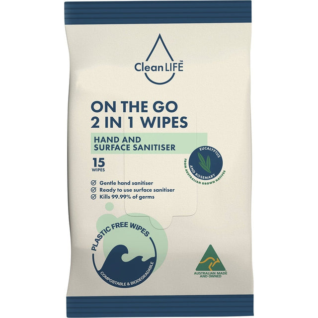 CleanLIFE 2 In 1 Plastic Free Wipes Hand and Surface Sanitiser 15pk - Dr Earth - Bath & Body, Cleaning