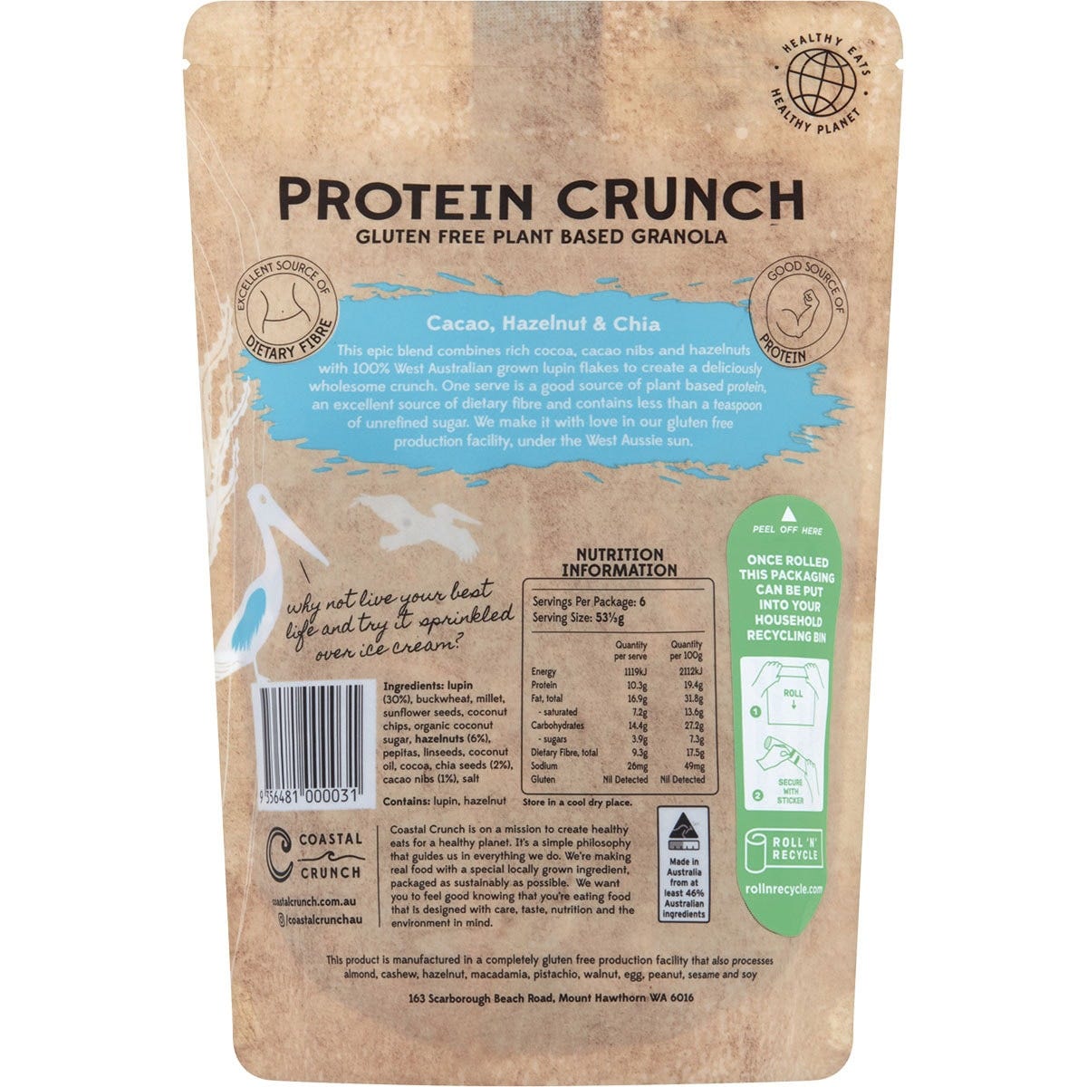 Coastal Crunch Protein Crunch Granola Cacao, Hazelnut & Chia 320g - Dr Earth - Breakfast