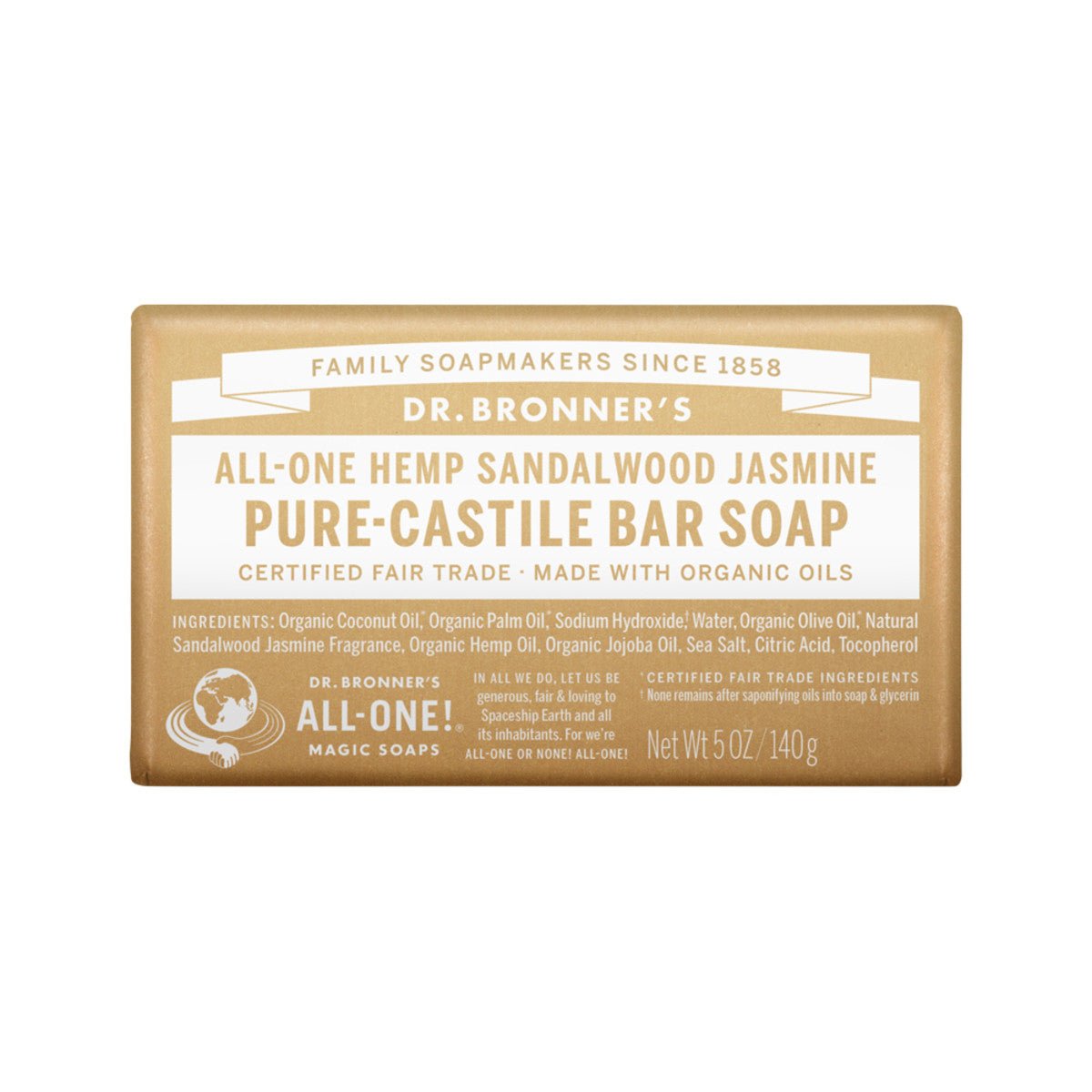 DR. BRONNER'S Pure-Castile Bar Soap (Hemp All-One) Sandalwood Jasmine 140g - Dr Earth - Body & Beauty