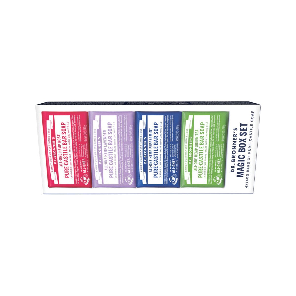 DR. BRONNER'S Pure-Castile Bar Soap Magic Box Set 140g x 4 Pack - Dr Earth - Body & Beauty