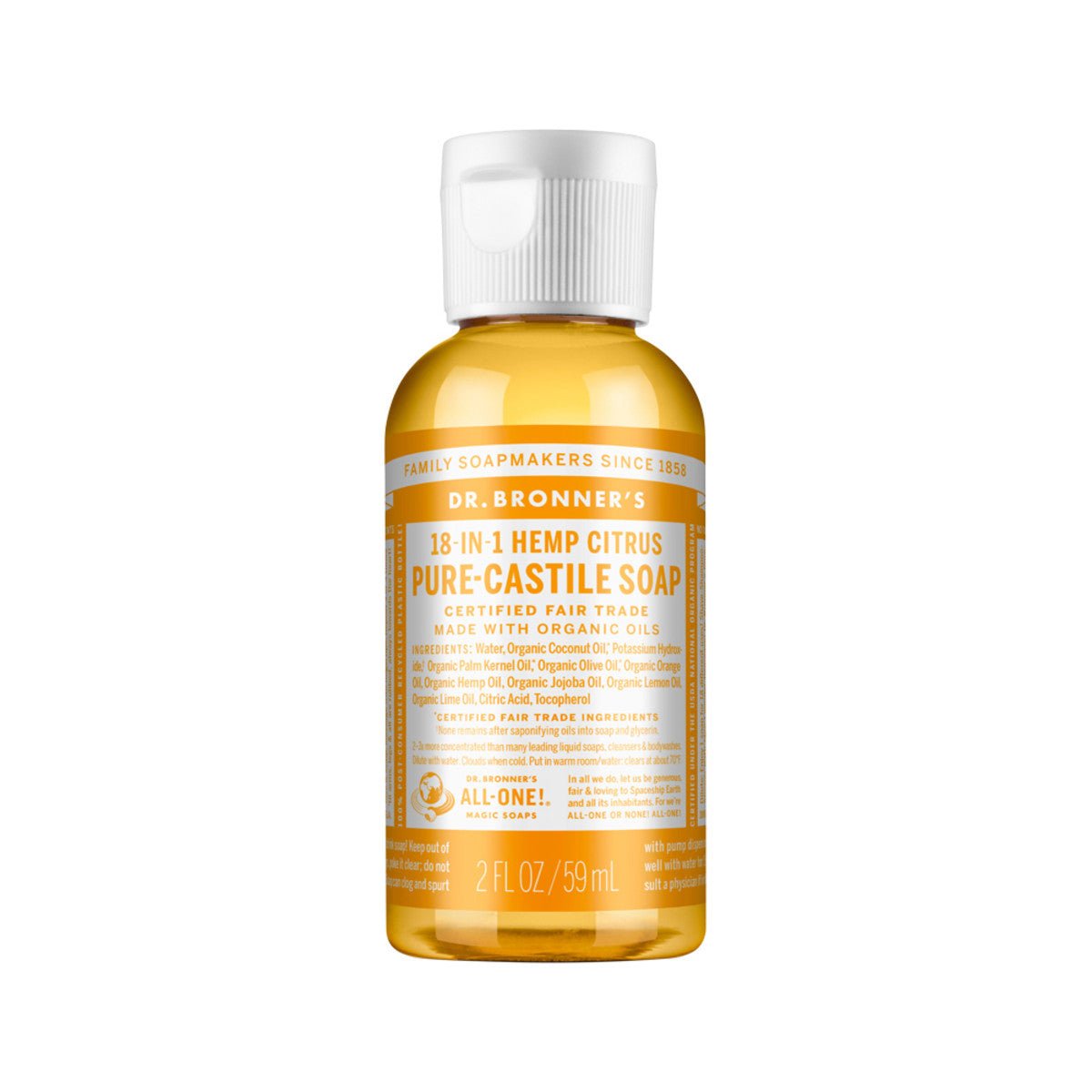 DR. BRONNER'S Pure-Castile Soap Liquid (Hemp 18-in-1) Citrus 59ml - Dr Earth - Body & Beauty