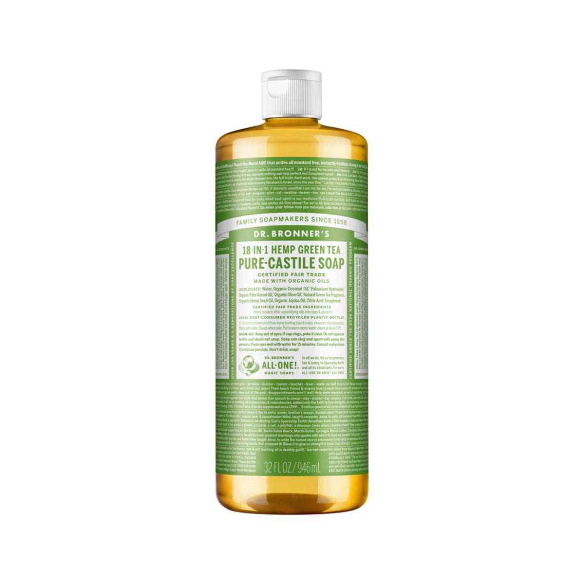 DR. BRONNER'S Pure-Castile Soap Liquid (Hemp 18-in-1) Green Tea 946ml - Dr Earth - Body & Beauty