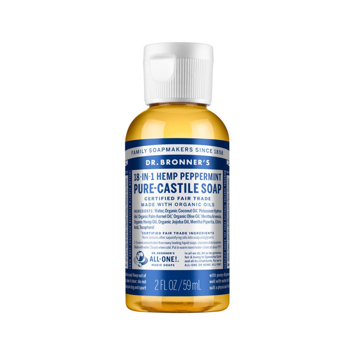 DR. BRONNER'S Pure-Castile Soap Liquid (Hemp 18-in-1) Peppermint 59ml - Dr Earth - Body & Beauty