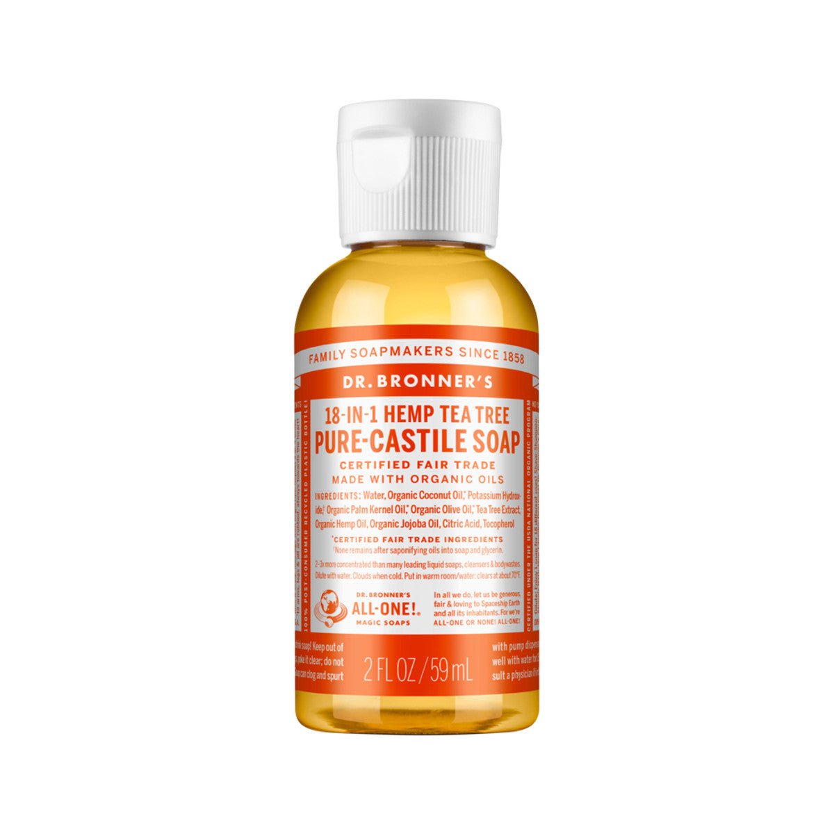 DR. BRONNER'S Pure-Castile Soap Liquid (Hemp 18-in-1) Tea Tree 59ml - Dr Earth - Body & Beauty