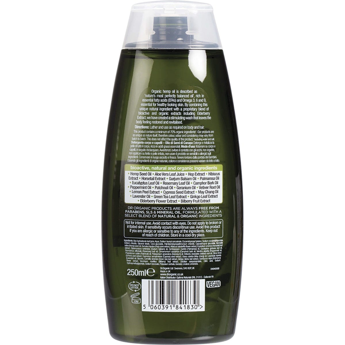 Dr Organic Body Wash Organic Hemp Oil 250ml - Dr Earth - Bath & Body