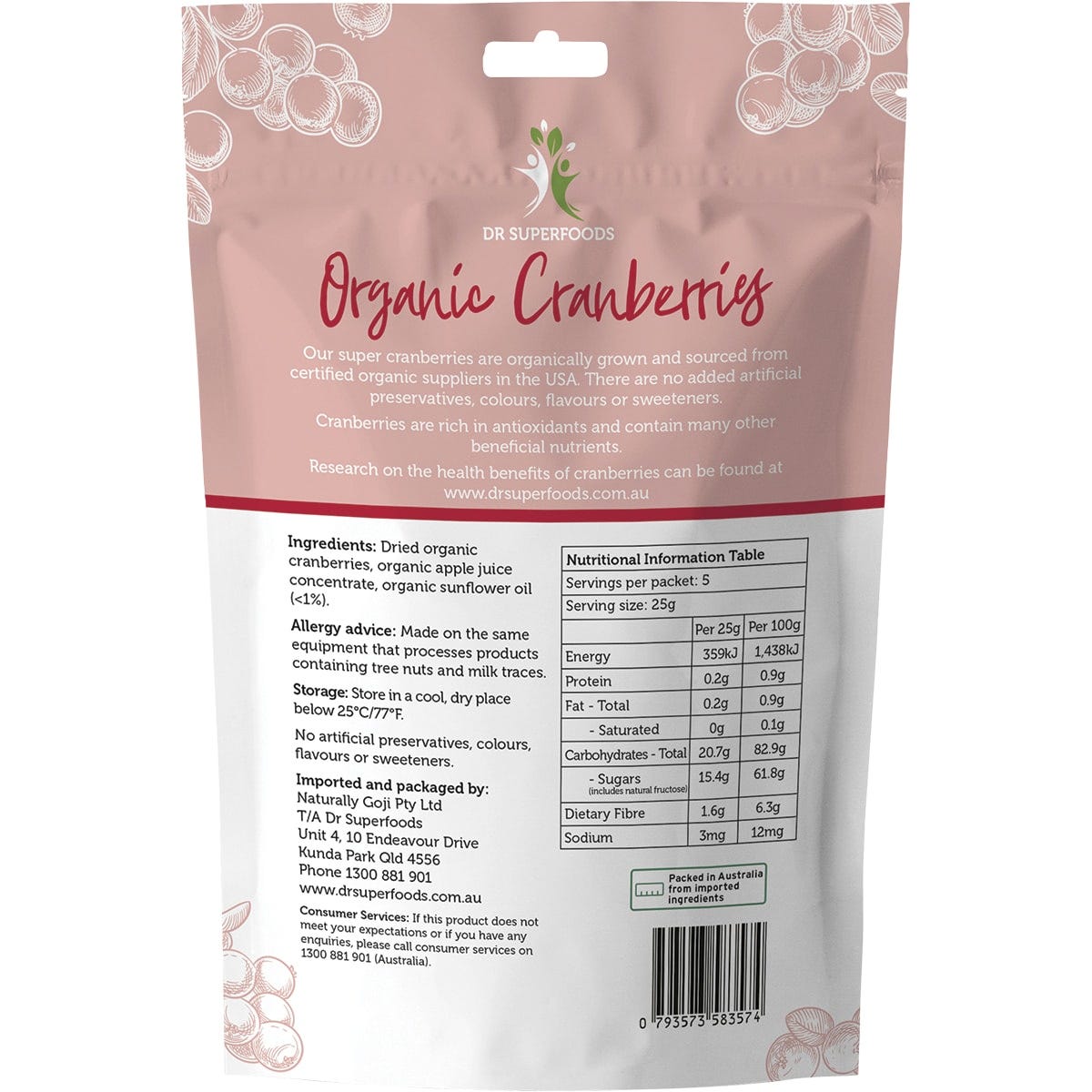 Dr Superfoods Dried Cranberries Organic 125g - Dr Earth - Dried Fruits Nuts & Seeds, Berries