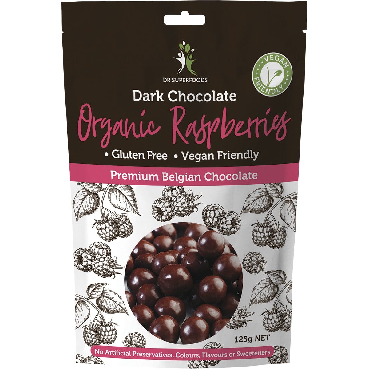 Dr Superfoods Raspberries Organic Dark Chocolate 125g - Dr Earth - Chocolate & Carob