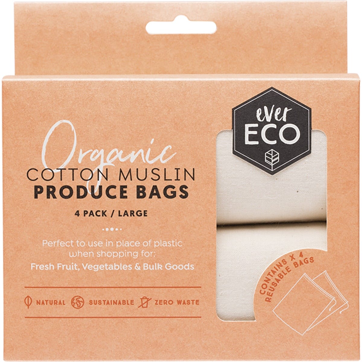 Ever Eco Reusable Produce Bags Organic Cotton Muslin 4pk - Dr Earth - Reusable Bags