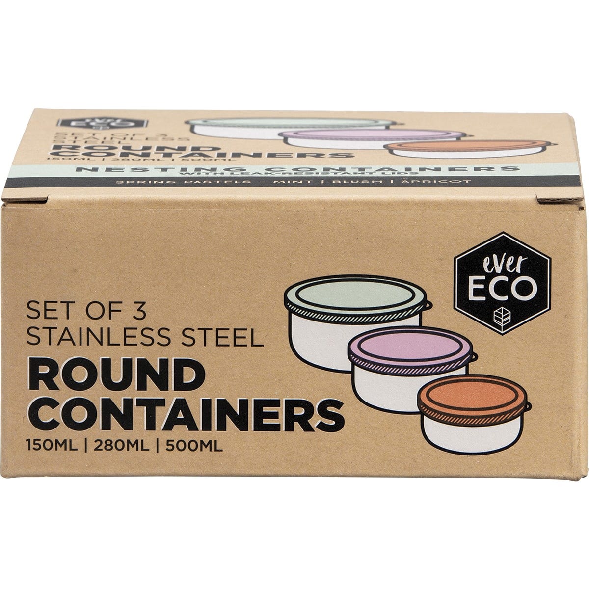 Ever Eco Stainless Steel Round Nesting Containers Spring Pastels 3pk - Dr Earth - Food Storage