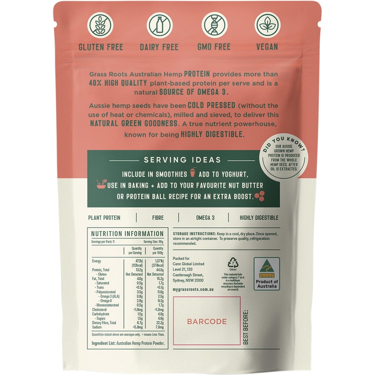 Grass Roots Australian Hemp Protein Powder 350g - Dr Earth - Hemp, Nutrition