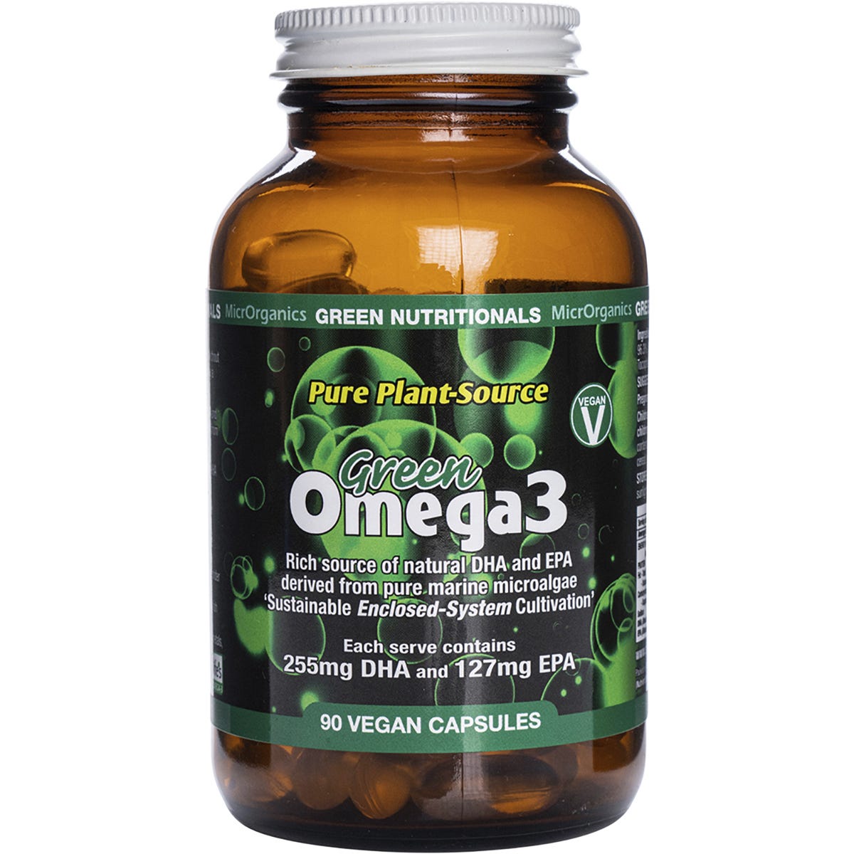 Green Nutritionals Green Omega3 Vegan Capsules 255mgDHA + 127mgEPA 90 Caps - Dr Earth - Supplements