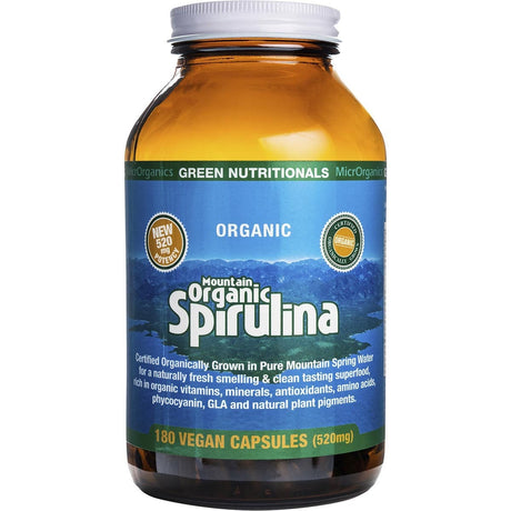 Green Nutritionals Mountain Organic Spirulina Vegan Capsules 520mg 180 Caps - Dr Earth - Greens