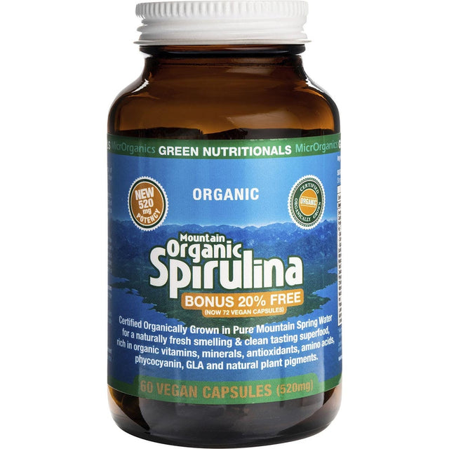 Green Nutritionals Mountain Organic Spirulina Vegan Capsules 520mg 60 Caps - Dr Earth - Greens