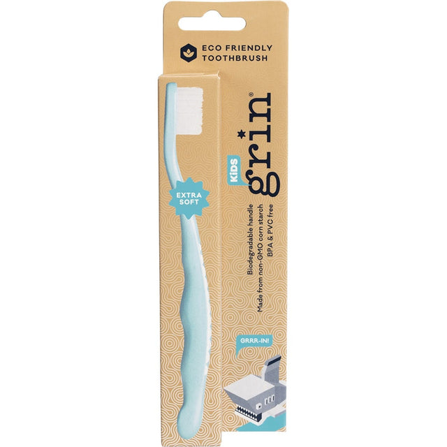 Grin Biodegradable Toothbrush Kids Extra Soft Blue 8 - Dr Earth - Baby & Kids