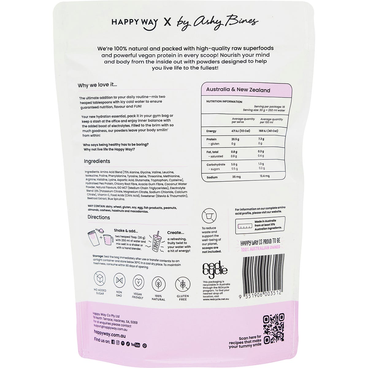 Happy Way Ashy Bines Vegan Protein Water Grape Bubble Gum 420g - Dr Earth - Nutrition