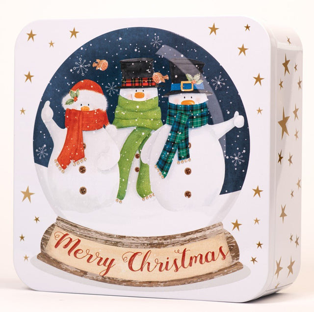 Jenbray Foods Farmhouse Embossed Snowmen Snow Globe Tin - Assorted Biscuits - Dr Earth - confectionary, christmas, gift, seasonal, chocolate