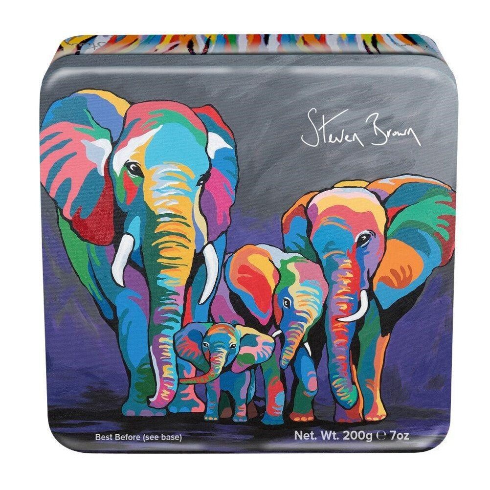 Jenbray Foods Steven Brown Art Alan & Jackie Mczoo Elephants Clotted Cream Fudge Tin - Dr Earth - confectionary, christmas, gift, seasonal, chocolate