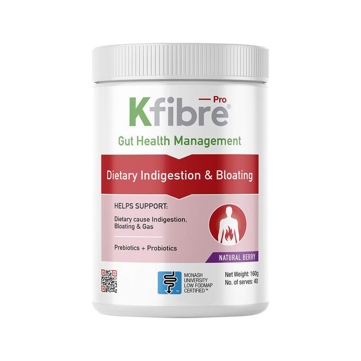 KFIBRE Pro Dietary Indigestion & Bloating Natural Berry Tub 160g - Dr Earth - Supplements
