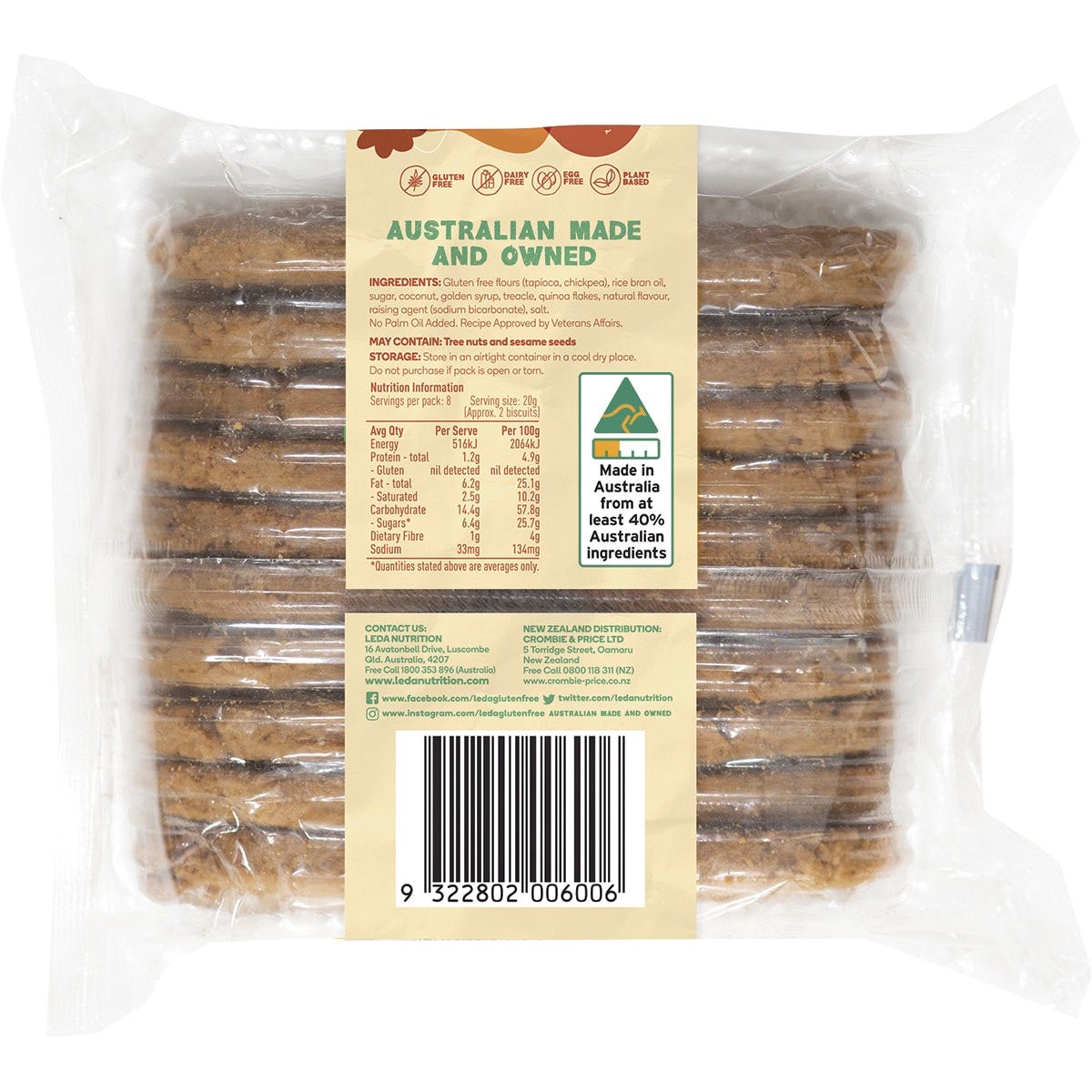 Leda ANZAC Biscuits Bakery Range 250g - Dr Earth - Biscuits