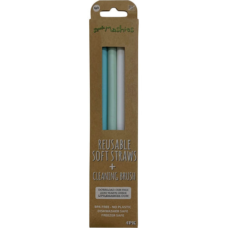 Little Mashies Reusable Soft Silicone Straws Pastel + Cleaning Brush 4pk - Dr Earth - Straws & Cutlery
