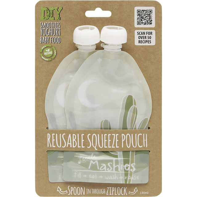 Little Mashies Reusable Squeeze Pouch Cactus 2x130ml - Dr Earth - Food Storage, Baby & Kids