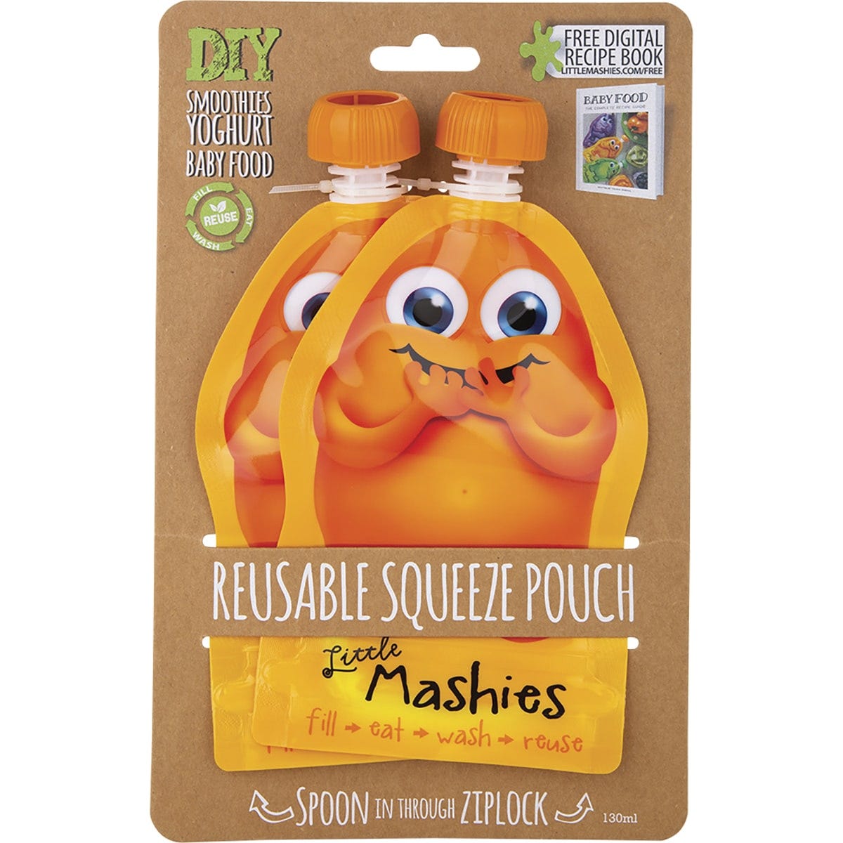 Little Mashies Reusable Squeeze Pouch Orange 2x130ml - Dr Earth - Food Storage, Baby & Kids