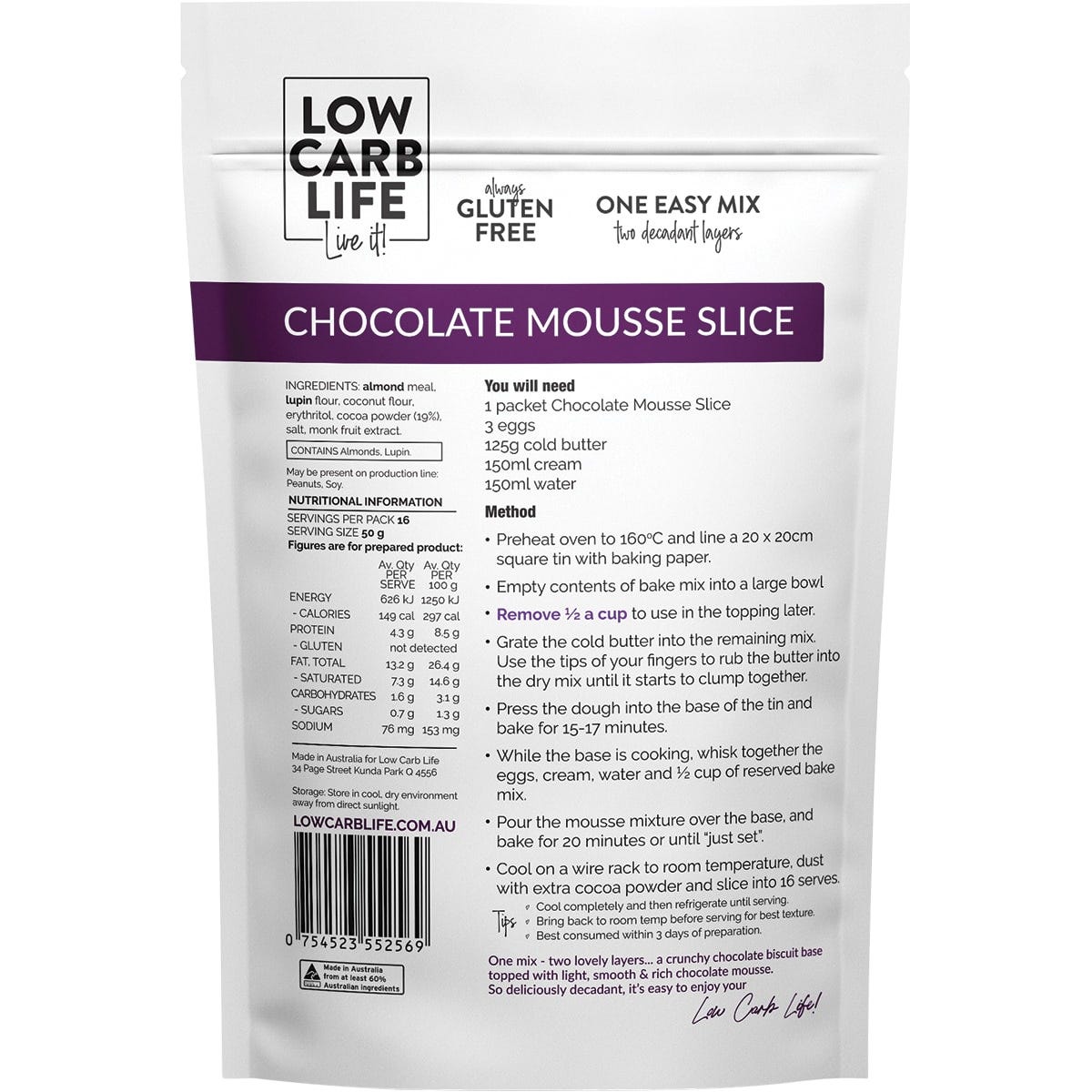 Low Carb Life Chocolate Mousse Slice Keto Bake Mix 300g - Dr Earth - Baking