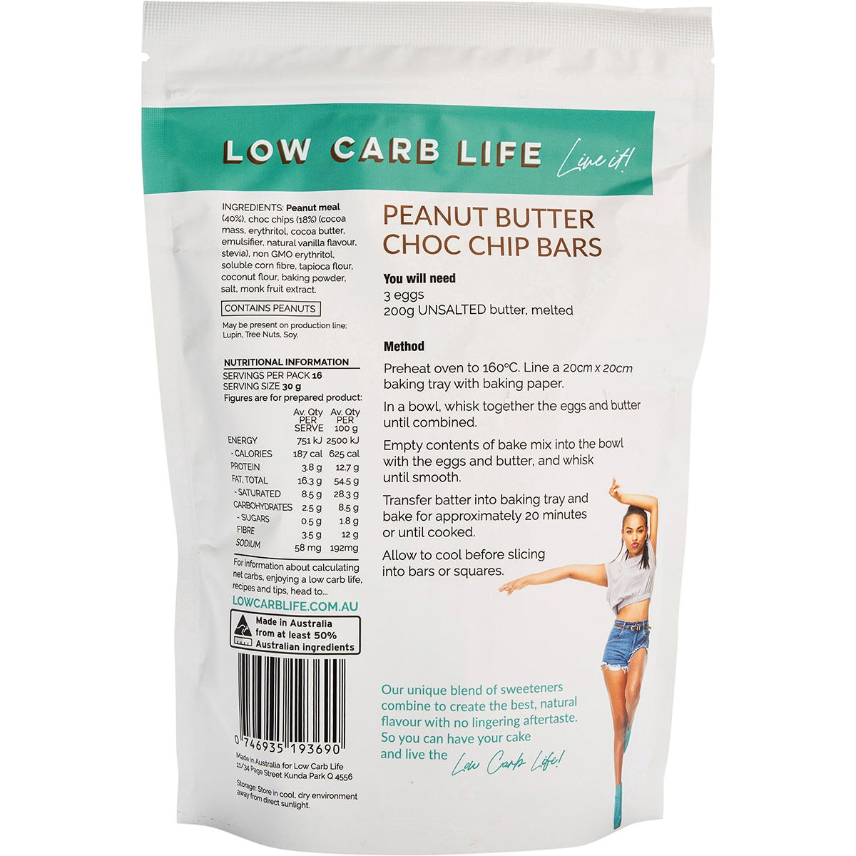 Low Carb Life Peanut Butter Choc Chip Bars Keto Bake Mix 300g - Dr Earth - Baking