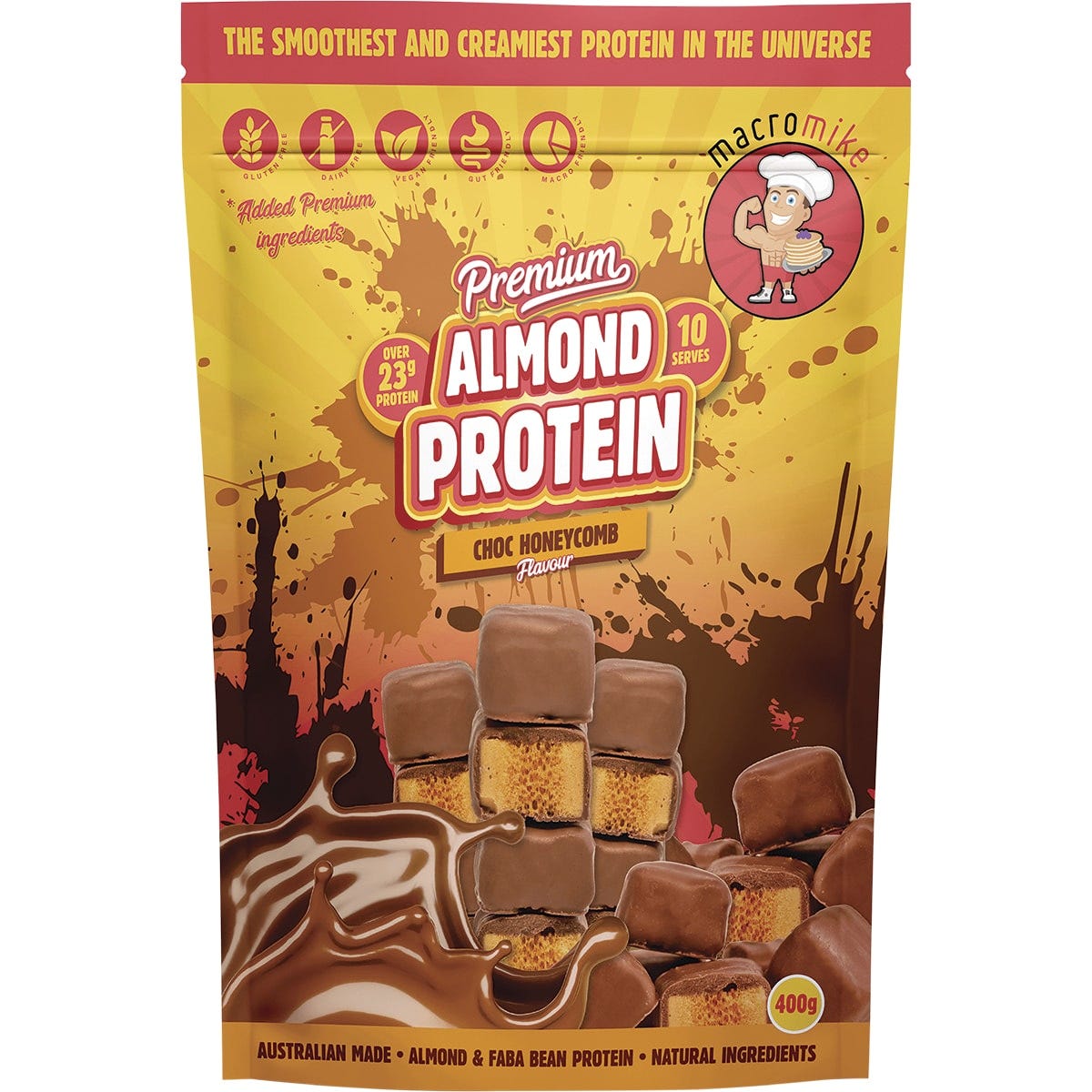 MACRO MIKE Premium Almond Protein Choc Honeycomb 400g - Dr Earth - Nutrition