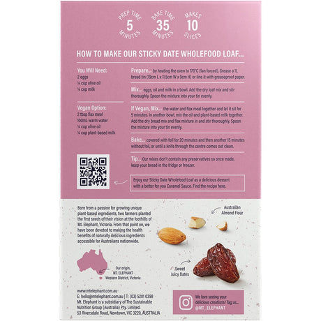 Mt. Elephant Wholefood Loaf Mix Sticky Date 300g - Dr Earth - Baking