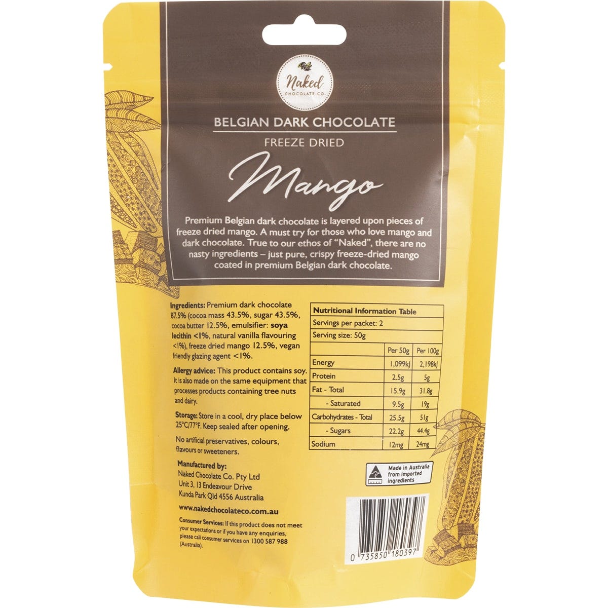 Naked Chocolate Co Freeze Dried Mango Dark Chocolate 100g - Dr Earth - Chocolate & Carob