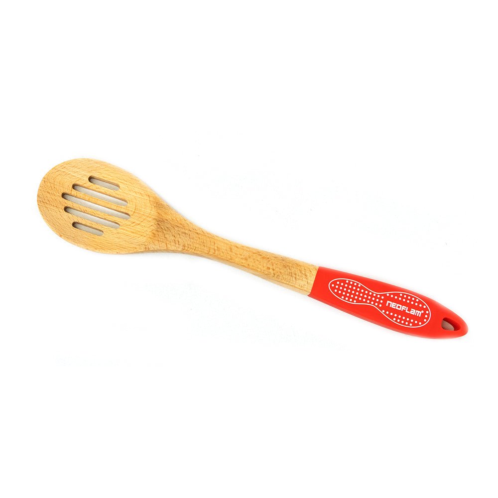 Neoflam Beechwood Slotted Spoon Red Silicon Handle - Dr Earth - Eco Living, Cookware, Knives - Utensils - Cutlery