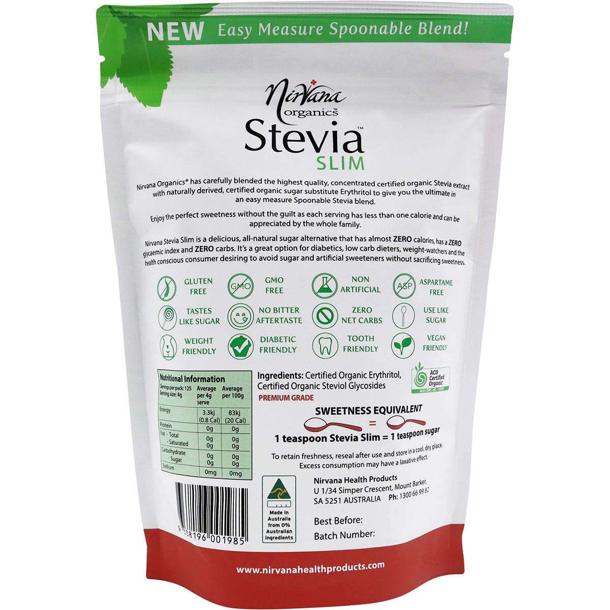 Nirvana Organics Stevia & Erythritol Sweetener Stevia Slim Spoonable 500g - Dr Earth - Sweeteners
