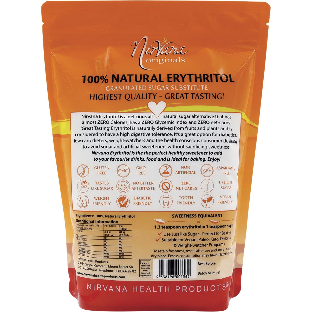 Nirvana Originals Erythritol 100% Natural 1.5kg - Dr Earth - Sweeteners