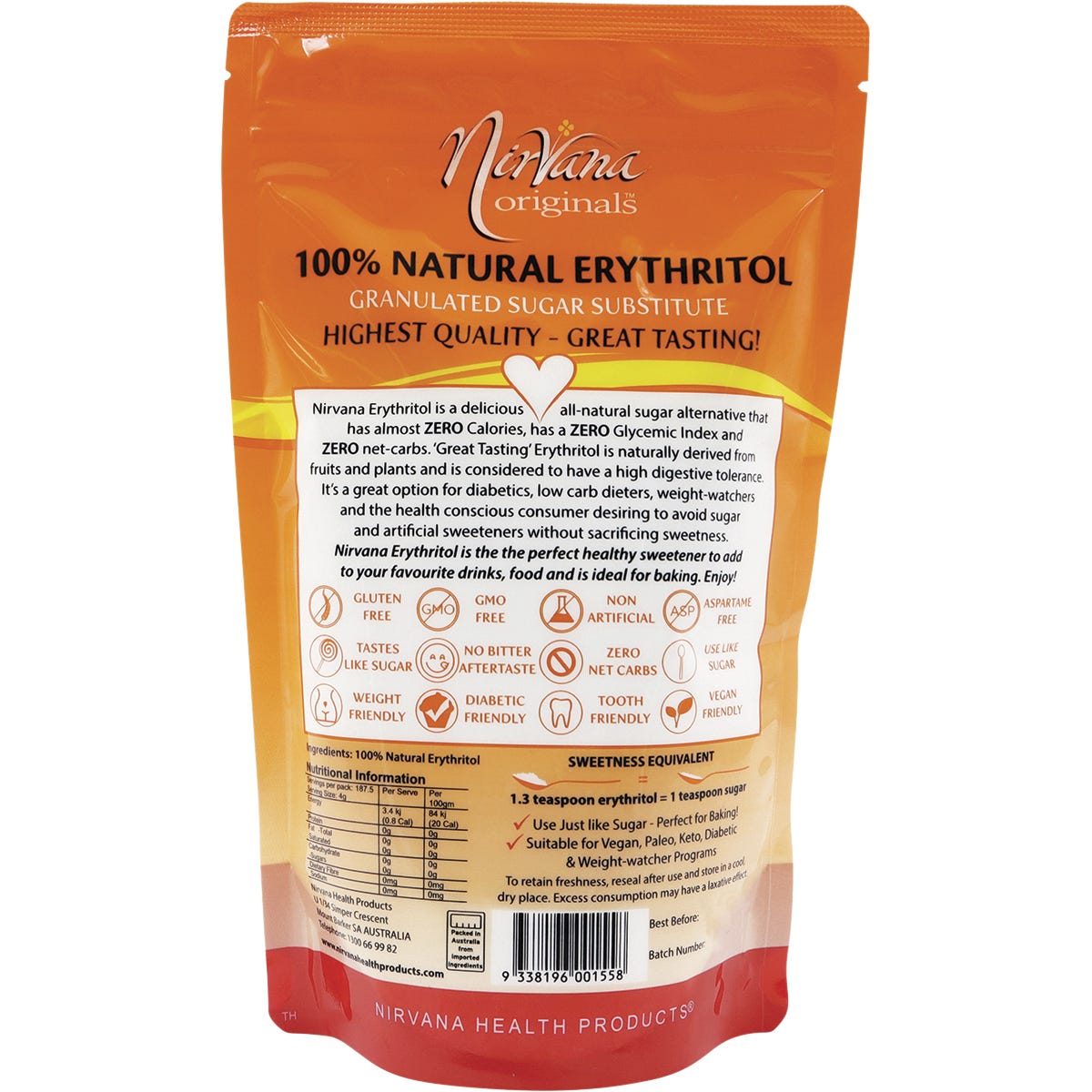 Nirvana Originals Erythritol 100% Natural 750g - Dr Earth - Sweeteners
