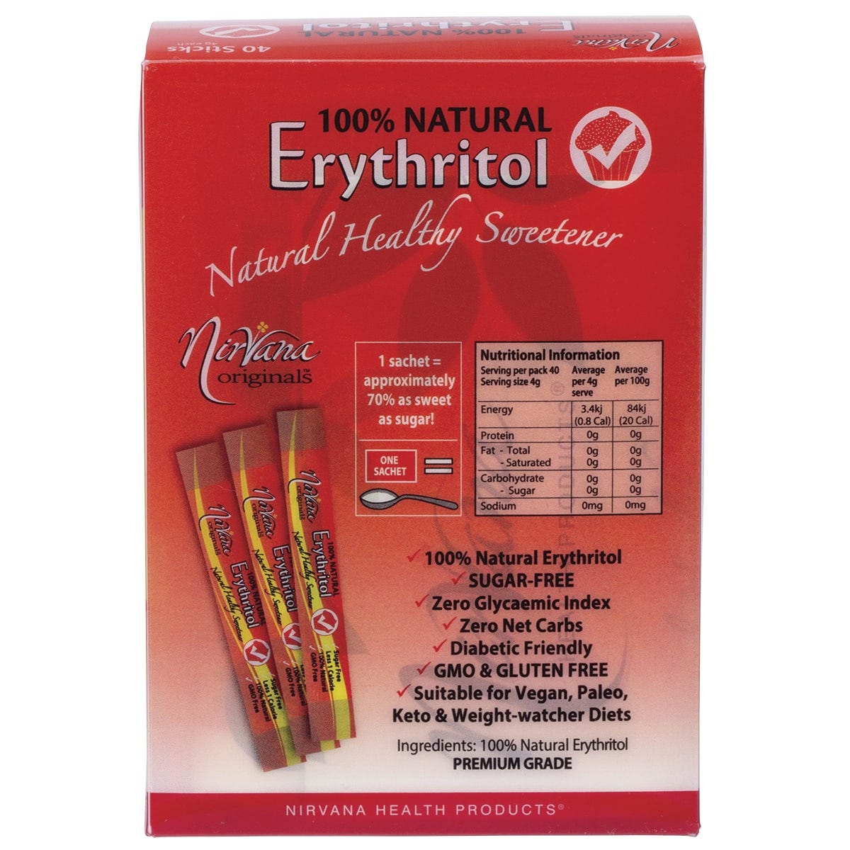 Nirvana Originals Erythritol 100% Natural Sticks 40x4g - Dr Earth - Sweeteners
